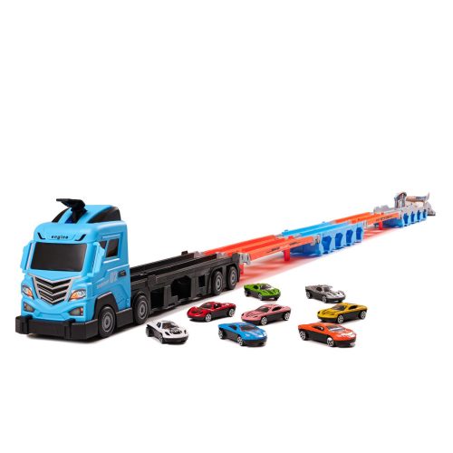 Foldable car transport truck/track with 8 race cars, 210 cm