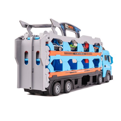 Foldable car transport truck/track with 8 race cars, 210 cm