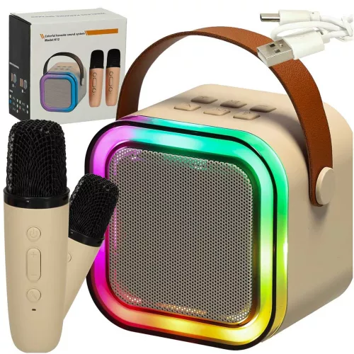 Karaoke set 2 microphones + portable speaker BLUETOOTH USB LED in beige