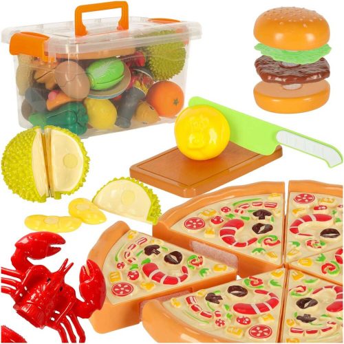 Deluxe Ételvágó Játékkészlet – Pizza, Hamburger, Gyümölcsök és Tengeri Gyümölcsök Tárolódobozzal 36 db