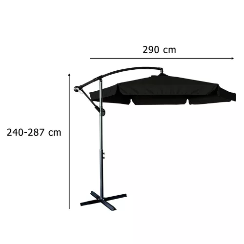 Large folding garden parasol with 290cm extension arm in black