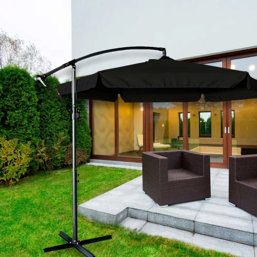 Large folding garden parasol with 290cm extension arm in black