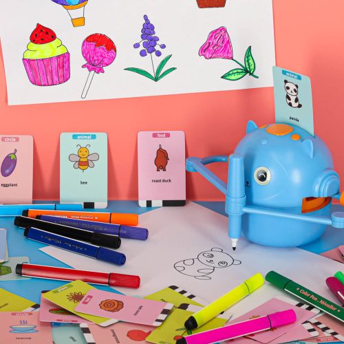 Educational drawing robot, with cards and markers, blue