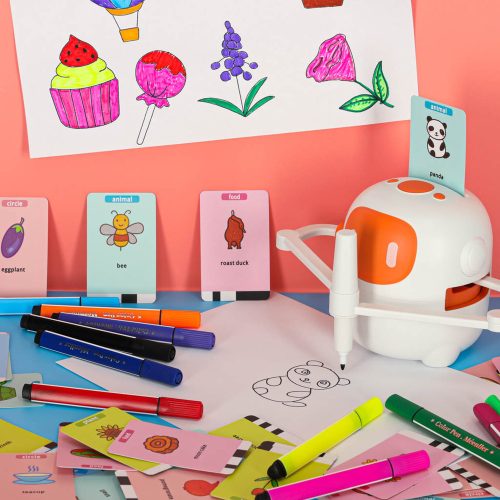 Educational drawing robot, with cards and markers, pink